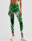 Botanical abstract green leaves pattern leggings