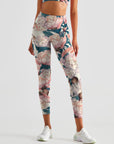 Flower pink peony buds leaves leggings