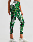 Botanical abstract green leaves pattern leggings