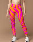 Orange and pink color block leggings