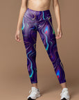 Purple fluid art pattern waistband water ripple leggings