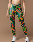 Botanical green leaves flower yoga leggings