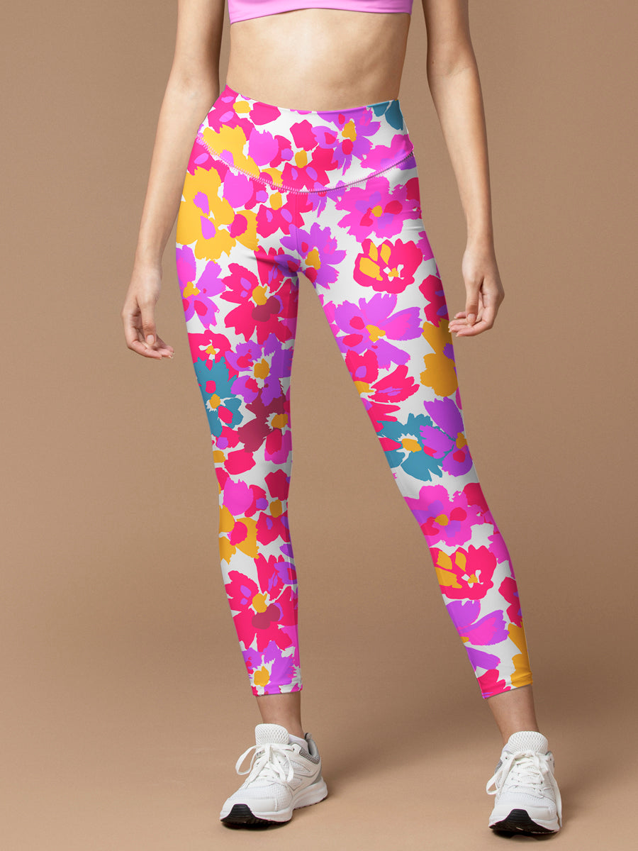 Watercolor pink graphic large scale flower leggings