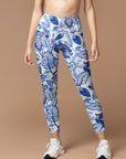 Flower blue and white vintage print breathable yoga leggings