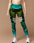 Botanical psychedelic green leaves flower leggings