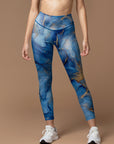 Abstract blue watercolor gold gilded water ripple leggings