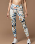 Vintage peony flowers with birds sitting on a branch leggings