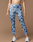 Vintage blue abstract floral lino cuts of leaves leggings