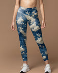 White cherry blossoms birds design leggings