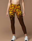 Botanical autumn falling maple leaves brown leggings