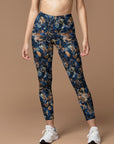 Botanical golden withered leaves decorative blue leggings