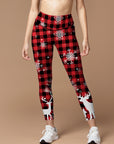 Christmas red white grid elk christmas tree print leggings