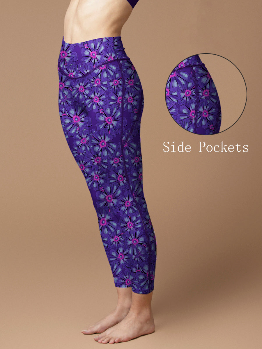 Flower hand drawn chicory purple leggings