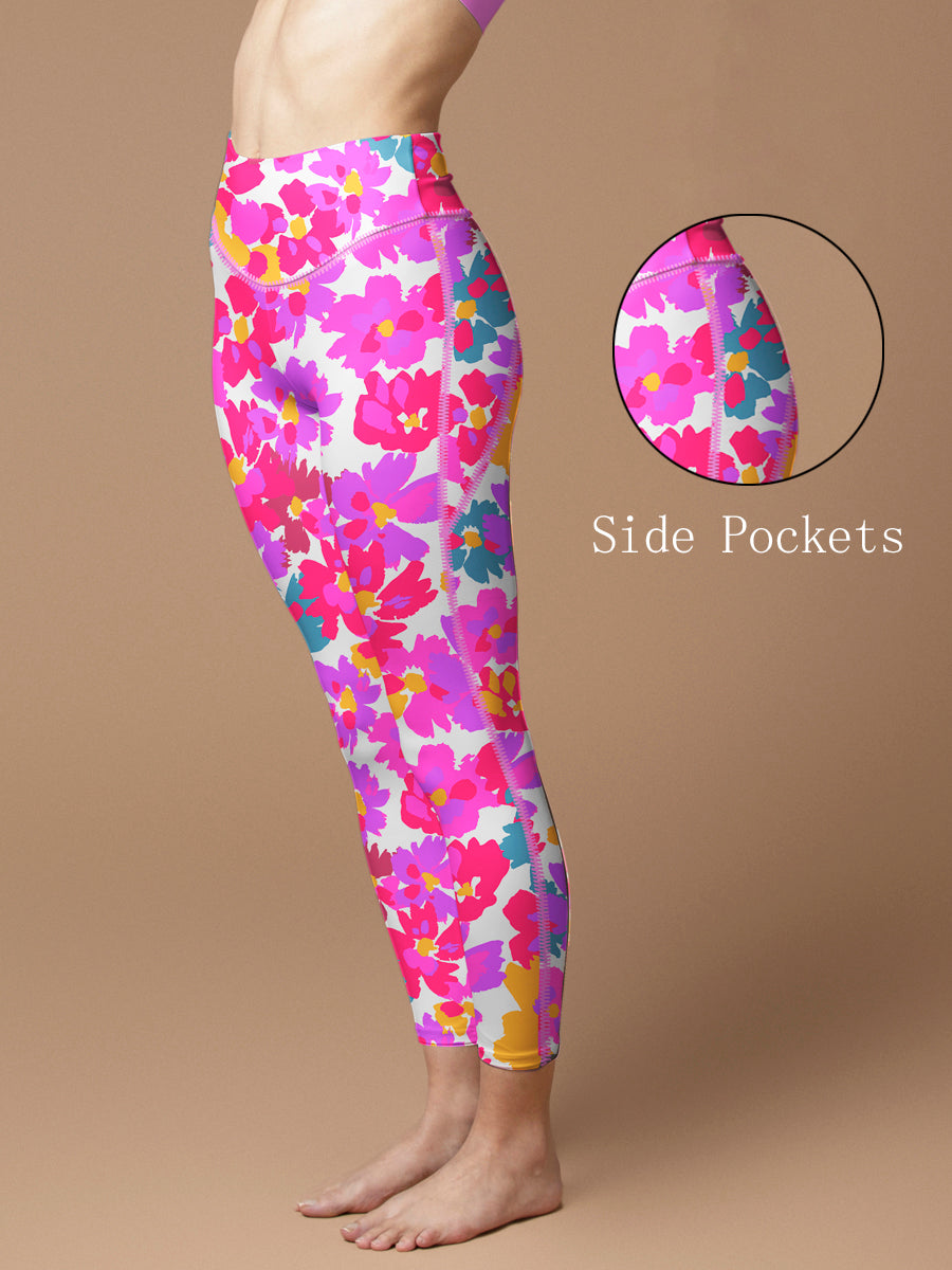 Watercolor pink graphic large scale flower leggings