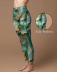 Abstract green watercolor gilt water ripples leggings