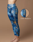 Abstract blue watercolor gold gilded water ripple leggings