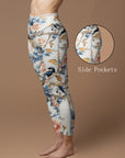 Vintage peony flowers with birds sitting on a branch leggings