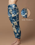 White cherry blossoms birds design leggings