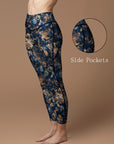 Botanical golden withered leaves decorative blue leggings