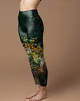 Colorful blooming wildflowers dark green leggings