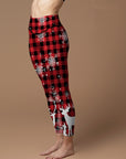 Christmas red white grid elk christmas tree print leggings