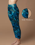 Blue and golden marble liquid water ripple leggings