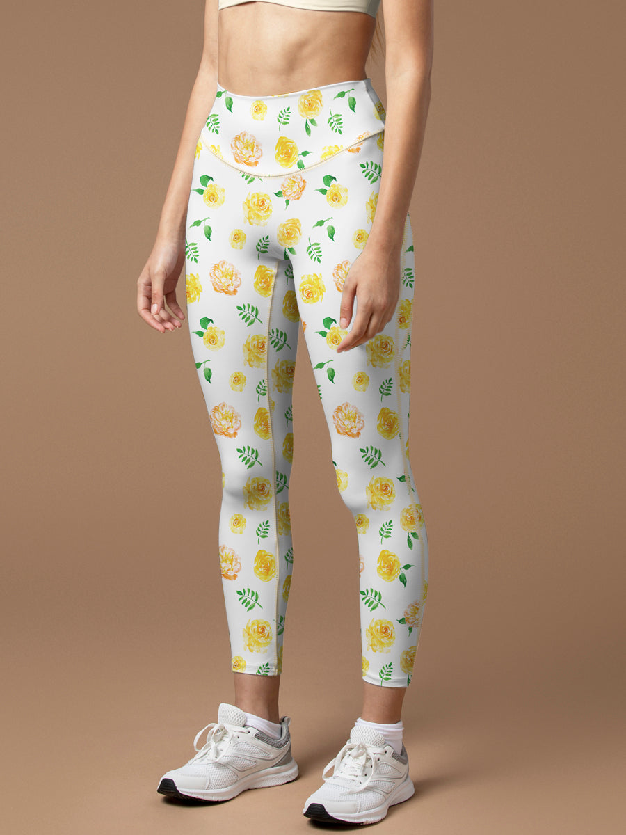 Flower yellow rose little fresh yoga leggings