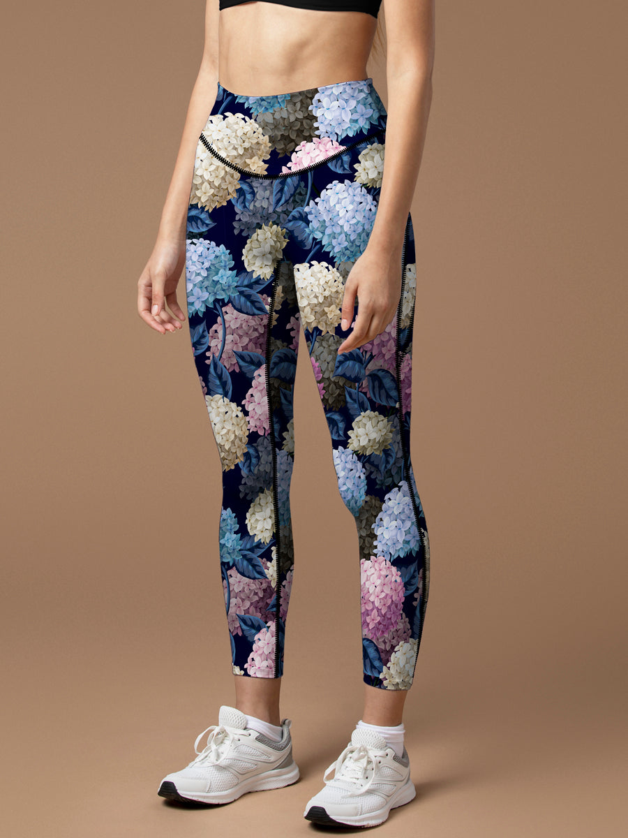 Flower multicolor hydrangeas dark leggings