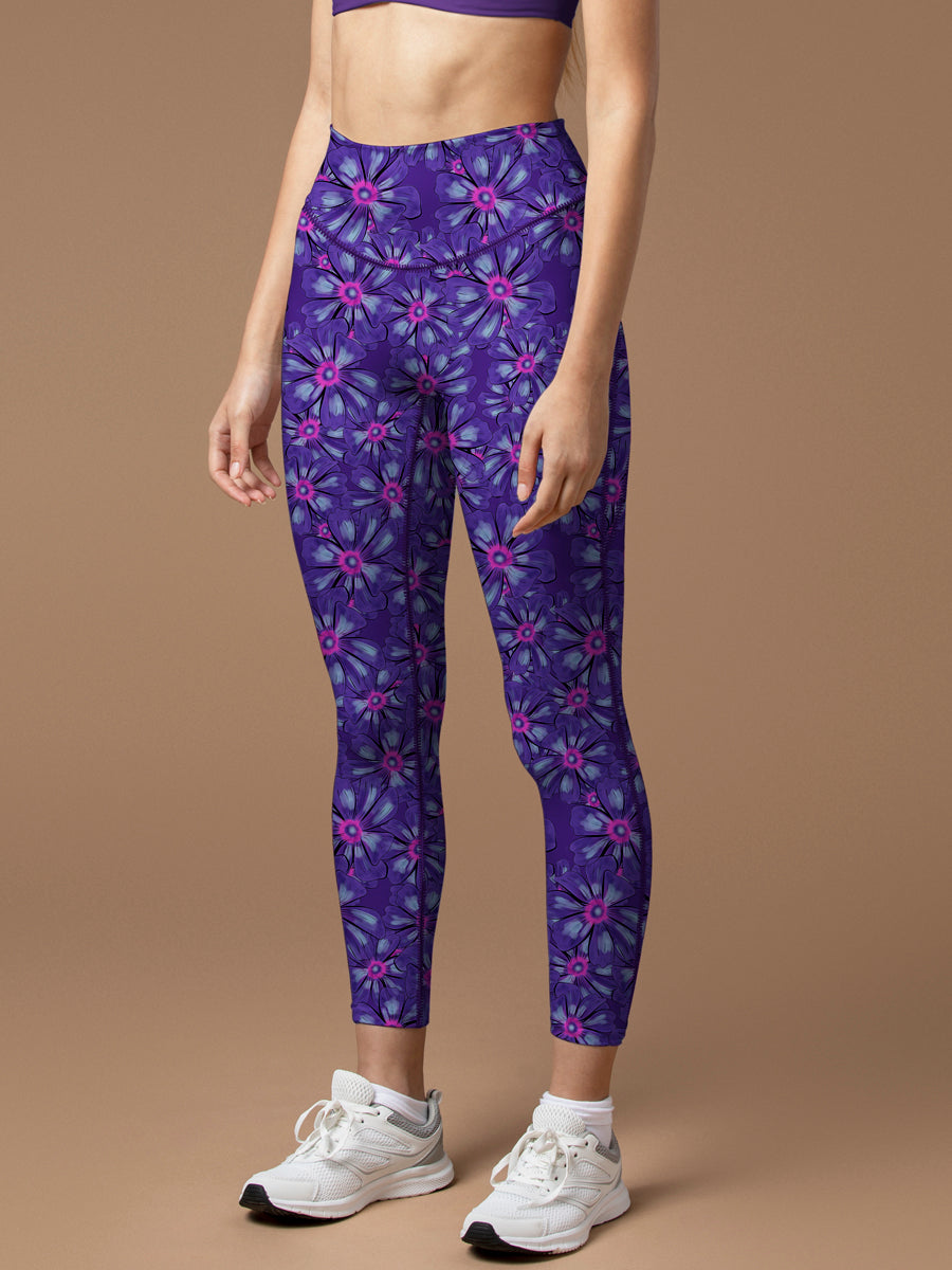 Flower hand drawn chicory purple leggings