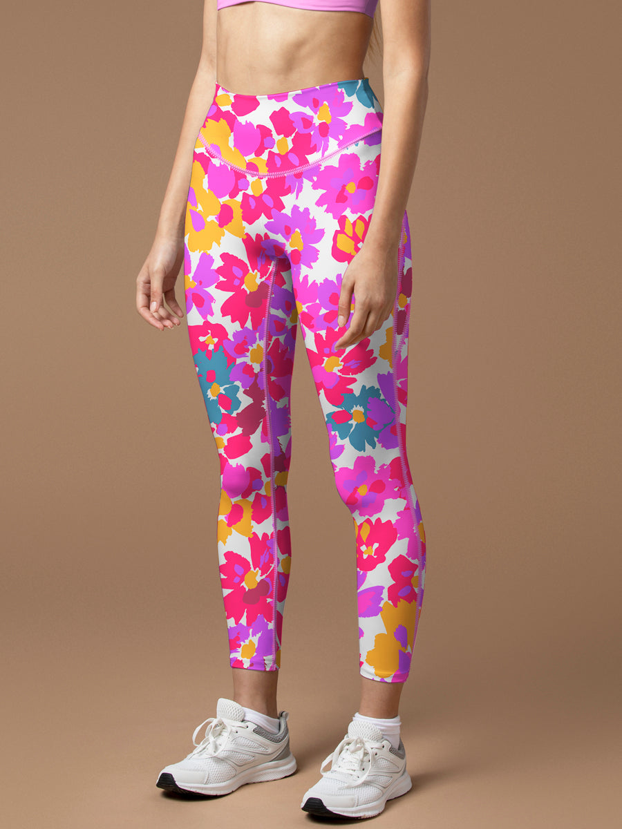 Watercolor pink graphic large scale flower leggings