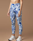 Flower blue and white vintage print breathable yoga leggings