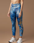 Abstract blue watercolor gold gilded water ripple leggings