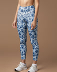 Vintage blue abstract floral lino cuts of leaves leggings