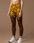 Botanical autumn falling maple leaves brown leggings