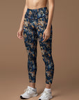 Botanical golden withered leaves decorative blue leggings