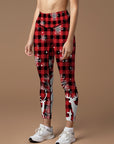 Christmas red white grid elk christmas tree print leggings