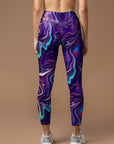 Purple fluid art pattern waistband water ripple leggings