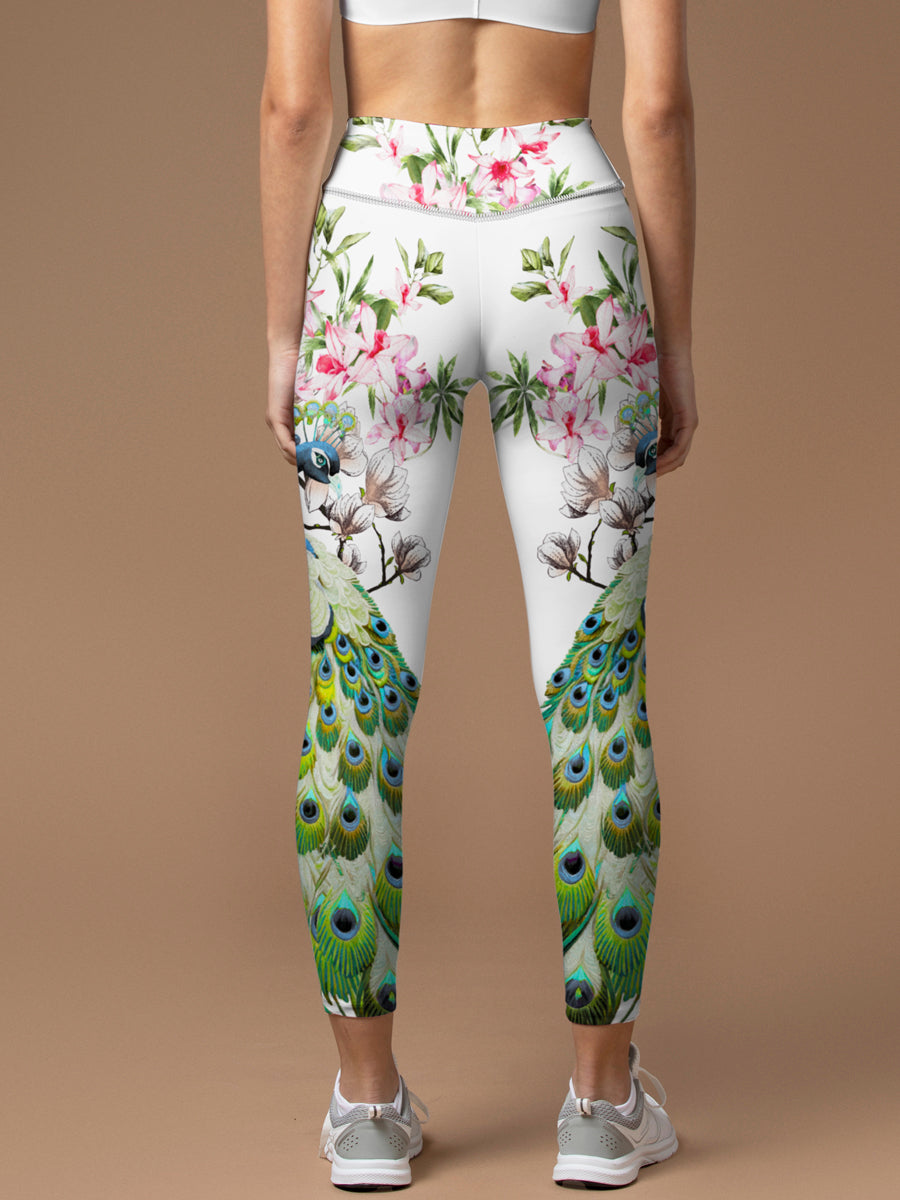 Animal peacock standing on the branch print leggings