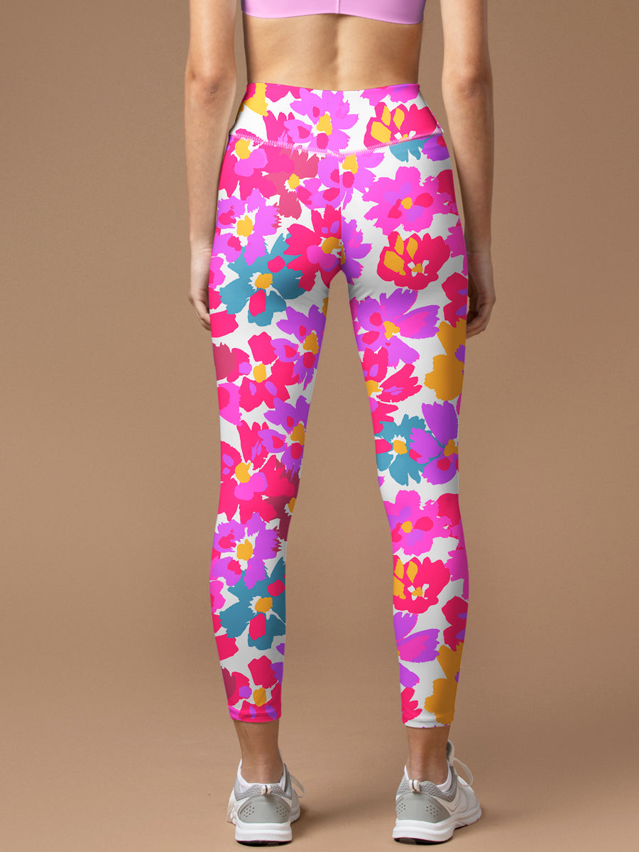 Watercolor pink graphic large scale flower leggings