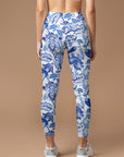 Flower blue and white vintage print breathable yoga leggings