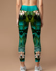 Botanical psychedelic green leaves flower leggings