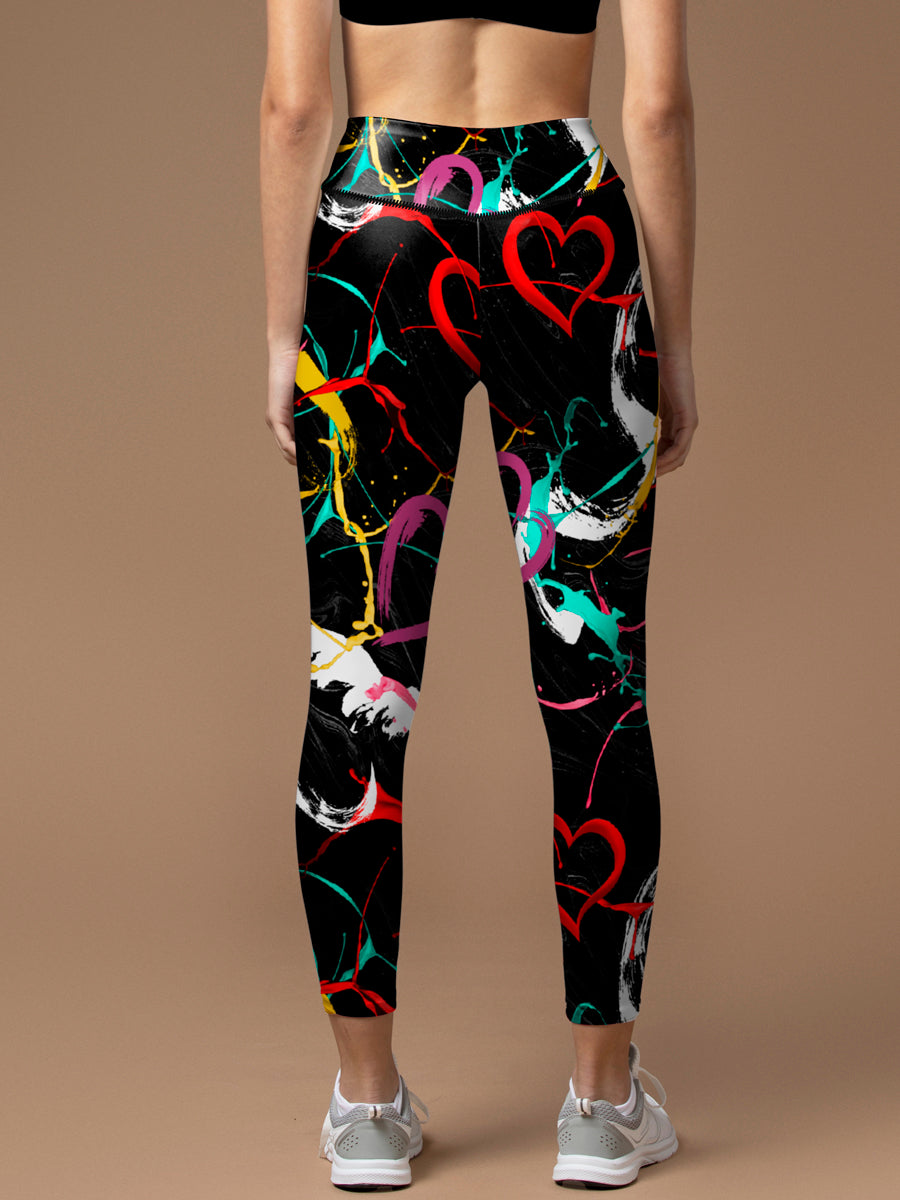 Love paint heart shape black yoga leggings