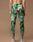 Abstract green watercolor gilt water ripples leggings