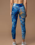 Abstract blue watercolor gold gilded water ripple leggings