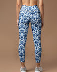 Vintage blue abstract floral lino cuts of leaves leggings