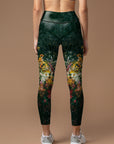 Colorful blooming wildflowers dark green leggings