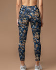 Botanical golden withered leaves decorative blue leggings