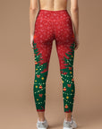 Christmas tree with ornaments on red background leggings