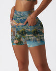 Seaside town flower arrangement oil painting shorts